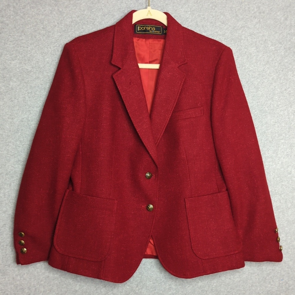 Vintage Porsha by Winer Red Wool‎ Blazer Gold Buttons Womens 14 Classic Academia